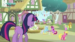 Size: 1280x720 | Tagged: safe, screencap, berry punch, berryshine, caesar, carrot top, cherry berry, count caesar, daisy, flower wishes, golden harvest, horte cuisine, linky, royal ribbon, savoir fare, shoeshine, twilight sparkle, earth pony, pony, unicorn, g4, magical mystery cure, background pony, female, head tilt, male, mare, morning in ponyville, stallion