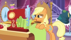 Size: 1280x720 | Tagged: safe, screencap, applejack, earth pony, pony, g4, magical mystery cure, carousel boutique, fabric, female, mare, sewing, sewing machine, solo, swapped cutie marks, tired, what my cutie mark is telling me