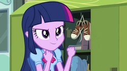 Size: 1280x720 | Tagged: safe, screencap, twilight sparkle, equestria girls, g4, my little pony equestria girls, >:), clothes, converse, female, lockers, shoes, smiling, smirk, sneakers, solo, this strange world