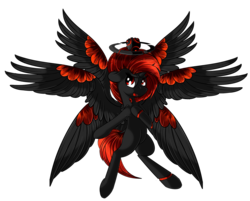 Size: 2062x1654 | Tagged: safe, artist:beardie, oc, oc only, oc:daemos, alicorn, cyborg, demon, pony, robot, seraph, seraphicorn, alicorn oc, chicken wings, edgy, female, halo, mare, multiple wings, red and black oc, red eyes, simple background, solo, spread wings, this isn't even my final form, transparent background