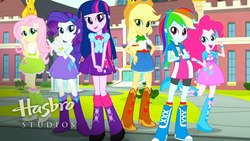 Size: 1920x1080 | Tagged: safe, screencap, applejack, fluttershy, pinkie pie, rainbow dash, rarity, twilight sparkle, equestria girls, g4, female, hasbro studios, humane five, humane six, mane six, my little pony friends