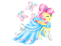 Size: 1024x768 | Tagged: dead source, safe, artist:themagicfantasy, fluttershy, pony, g4, alternate hairstyle, blue dress, cinderella, cindershy, clothes, cutie mark background, dress, female, glass slipper (footwear), gloves, one eye closed, pinkie tales, simple background, solo, stockings, tongue out, transparent background, wink