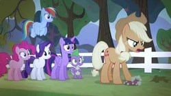 Size: 1280x720 | Tagged: safe, screencap, applejack, pinkie pie, rainbow dash, rarity, spike, twilight sparkle, alicorn, pony, bats!, g4, season 4, stop the bats, twilight sparkle (alicorn)