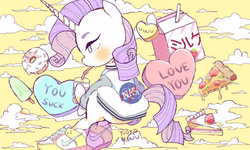 Size: 1600x960 | Tagged: safe, artist:yioyio, rarity, pony, g4, drinking straw, female, food, heart, nasa, nike, pizza, solo