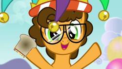 Size: 1280x720 | Tagged: safe, screencap, cheese sandwich, pony, g4, pinkie pride, balloon, cheese confesses, cheese sandwich (food), colt, food, glasses, hat, jester hat, male, sandwich, solo, younger