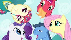 Size: 1280x720 | Tagged: safe, screencap, big macintosh, fluttershy, rarity, toe-tapper, torch song, earth pony, pony, filli vanilli, g4, find the music in you, male, music in the treetops, ponytones, ponytones outfit, stallion