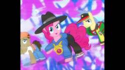 Size: 1280x720 | Tagged: safe, screencap, doctor whooves, goldengrape, pinkie pie, sir colton vines iii, time turner, earth pony, pony, g4, testing testing 1-2-3, clothes, male, rapper, rapper pie, stallion, tank top