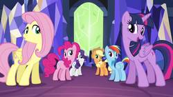 Size: 1280x720 | Tagged: safe, screencap, applejack, fluttershy, pinkie pie, rainbow dash, rarity, twilight sparkle, alicorn, pony, g4, twilight's kingdom, female, let the rainbow remind you, mane six, twilight sparkle (alicorn)