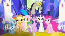 Size: 1920x1080 | Tagged: safe, screencap, applejack, discord, fluttershy, pinkie pie, rainbow dash, rarity, spike, twilight sparkle, alicorn, pony, g4, twilight's kingdom, hasbro studios, let the rainbow remind you, mane seven, mane six, twilight sparkle (alicorn)