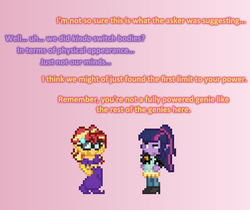 Size: 504x423 | Tagged: safe, artist:verve, sci-twi, sunset shimmer, twilight sparkle, genie, ain't never had friends like us, equestria girls, g4, ask, body swap, glasses, pixel art, shantae, tumblr
