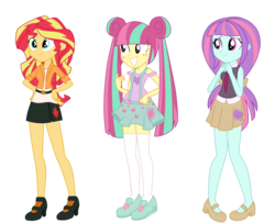 Size: 3700x3000 | Tagged: safe, artist:luckyclau, sour sweet, sunny flare, sunset shimmer, equestria girls, g4, alternate hairstyle, alternate universe, clothes, freckles, high res, simple background, transparent background, trio, vector