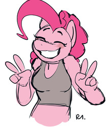 Size: 1280x1512 | Tagged: safe, artist:bluecoffeedog, pinkie pie, earth pony, anthro, g4, blushing, cute, diapinkes, female, grin, happy, peace sign, simple background, smiling, solo, white background