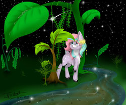 Size: 1024x853 | Tagged: dead source, safe, artist:themagicfantasy, oc, oc only, oc:pixie belle, deer, pony, giant plant, plant, solo, starry night, stars