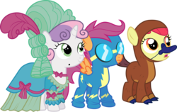 Size: 4756x3001 | Tagged: safe, artist:cloudy glow, apple bloom, scootaloo, sweetie belle, earth pony, pegasus, platypus, pony, unicorn, g4, scare master, .ai available, clothes, costume, cutie mark crusaders, dress, goggles, high res, nightmare night costume, open mouth, platypus costume, simple background, transparent background, trio, vector, victorian dress, wonderbolts uniform