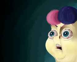 Size: 1500x1200 | Tagged: safe, artist:anontheanon, bon bon, sweetie drops, earth pony, pony, g4, bloodshot eyes, bon bon is not amused, disturbing, expressions, faic, female, gradient background, nightmare fuel, open mouth, reaction image, realistic, ren and stimpy, solo, thousand yard stare, unamused, wat, wide eyes