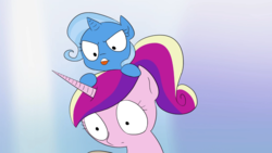 Size: 1366x768 | Tagged: safe, artist:doublewbrothers, screencap, princess cadance, trixie, pony, g4, animated at source, duo, filly, gradient background, teen princess cadance, thought crimes, tongue out