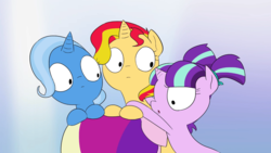 Size: 1366x768 | Tagged: safe, artist:doublewbrothers, screencap, princess cadance, starlight glimmer, sunset shimmer, trixie, pony, g4, animated at source, counterparts, filly, filly starlight glimmer, filly sunset shimmer, filly trixie, gradient background, open mouth, teen princess cadance, thought crimes, twilight's counterparts, younger
