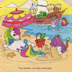 Size: 701x706 | Tagged: safe, parasol (g1), sea star, spike, splasher, sea pony, g1, g4, beach, bow, bucket, butt, caption, draw me like one of your french girls, looking at you, out of context, plot, sandcastle, ship, spade, tail bow, umbrella