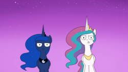 Size: 1366x768 | Tagged: safe, artist:doublewbrothers, princess celestia, princess luna, alicorn, pony, g4, animated at source, duo, gradient background, lidded eyes, looking at you, stars, twilight (astronomy)