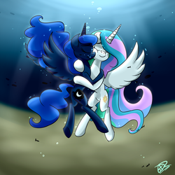 Size: 2200x2200 | Tagged: safe, artist:uwdr-64, princess celestia, princess luna, fish, g4, bubble, commission, cute, eyes closed, female, high res, hug, missing accessory, nuzzling, royal sisters, sibling love, siblings, sisterly love, sisters, smiling, spread wings, squishy cheeks, story included, underhoof, underwater
