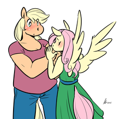 Size: 1280x1262 | Tagged: safe, artist:rwl, applejack, fluttershy, anthro, g4, blushing, female, hand kiss, height difference, injured, kissing, lesbian, ship:appleshy, shipping, size difference, spread wings, strong fat