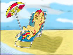 Size: 2560x1920 | Tagged: safe, artist:rostimen, sunset shimmer, pony, unicorn, equestria girls, g4, beach, equestria girls ponified, female, holiday, ponified, sleeping, solo, sun