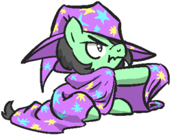 Size: 402x317 | Tagged: safe, artist:lockhe4rt, oc, oc only, oc:filly anon, earth pony, pony, female, filly, scrunchy face, sitting, solo, trixie's cape, trixie's hat