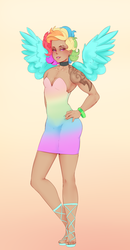 Size: 896x1724 | Tagged: safe, artist:sundown, rainbow dash, human, g4, clothes, dress, female, humanized, solo, tattoo