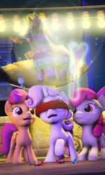 Size: 1800x2981 | Tagged: safe, artist:sourcerabbit, apple bloom, scootaloo, sweetie belle, g4, 3d, blindfold, candy, cutie mark crusaders, food, magic, mexico, piñata, source filmmaker, telekinesis