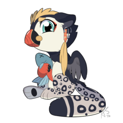 Size: 500x500 | Tagged: safe, artist:curiouskeys, oc, oc only, oc:chumhook, big cat, fish, griffon, puffin, snow leopard, chibi, dead, female, simple background, sitting, solo, transparent background, x eyes