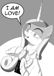 Size: 767x1071 | Tagged: safe, artist:deusexequus, princess cadance, pony, g4, anime, clothes, death note, dialogue, female, i am the noun, implied shipping, insanity, monochrome, open mouth, parody, princess of love, princess of shipping, run, shipper on deck, shrunken pupils, solo, speech bubble, wide eyes, with great power comes great shipping