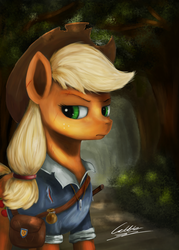 Size: 1500x2100 | Tagged: safe, artist:cattle32, applejack, pony, g4, clothes, cowboy hat, female, forest, freckles, hat, hunter, path, scar, scenery, scratches, shirt, shoulder bag, signature, solo, stetson, torn clothes