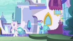 Size: 1280x720 | Tagged: safe, screencap, diamond mint, fleur-de-lis, upper crust, pony, canterlot boutique, g4, clothes, dress, flower, flower in hair, needs more jpeg, princess dress, rules of rarity