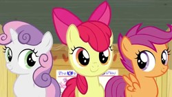 Size: 1280x720 | Tagged: safe, screencap, apple bloom, scootaloo, sweetie belle, earth pony, pony, crusaders of the lost mark, g4, cutie mark crusaders, we'll make our mark