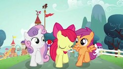 Size: 1280x720 | Tagged: safe, screencap, apple bloom, scootaloo, silver spoon, snips, sweetie belle, twist, earth pony, pony, crusaders of the lost mark, g4, cutie mark crusaders, needs more jpeg, we'll make our mark