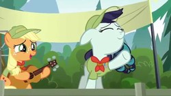 Size: 1280x720 | Tagged: safe, screencap, applejack, coloratura, pony, g4, the mane attraction, equestria the land i love, filly, filly applejack, rara, younger