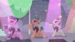 Size: 1280x720 | Tagged: safe, screencap, new wave (g4), smooth move, spectrum shades, earth pony, pony, g4, the mane attraction, background pony, male, raised hoof, stallion, the spectacle, trio