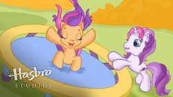 Size: 1920x1080 | Tagged: safe, screencap, scootaloo (g3), sweetie belle (g3), pony, g3, g3.5, twinkle wish adventure, hasbro studios, jumping, trampoline