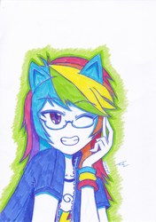 Size: 2460x3492 | Tagged: safe, artist:deeemperor, rainbow dash, equestria girls, g4, female, glasses, high res, one eye closed, solo, wink