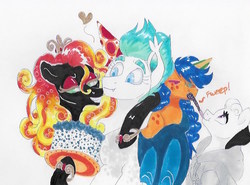 Size: 641x475 | Tagged: safe, artist:frozensoulpony, oc, oc only, oc:hollow rose, oc:opal sunfire, bat pony, earth pony, pony, cake, food, hat, party hat, party horn, traditional art