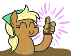 Size: 499x393 | Tagged: safe, artist:jargon scott, oc, oc only, oc:tater trot, earth pony, pony, approval, dirt, dirty, eyes closed, female, food, potato, simple background, smiling, solo, thumbs up, white background