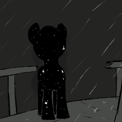 Size: 500x500 | Tagged: safe, artist:thebathwaterhero, oc, oc only, pony, series:entrapment, adult, constellation, creature, female, first person view, first pony view, lighthouse, mare, offscreen character, pov, railing, rain, sad, stars, storm, story included