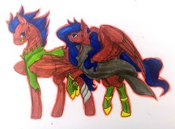 Size: 1024x758 | Tagged: safe, artist:oneiria-fylakas, oc, oc only, pegasus, pony, clothes, female, male, mare, stallion, traditional art