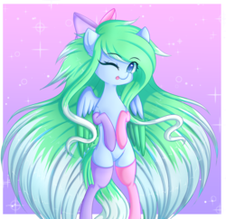 Size: 3712x3600 | Tagged: safe, artist:fluffymaiden, oc, oc only, oc:amaranthine sky, pony, bipedal, clothes, heart, heart eyes, high res, looking at you, one eye closed, socks, solo, spread wings, tongue out, wingding eyes, wink