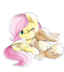 Size: 2030x2286 | Tagged: safe, artist:pridark, fluttershy, eevee, g4, blushing, cute, duo, high res, hnnng, one eye closed, pokémon, shyabetes, simple background, white background
