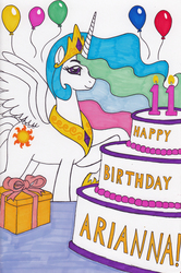 Size: 1178x1775 | Tagged: safe, artist:baikobits, princess celestia, pony, g4, balloon, birthday, birthday card, cake, female, food, happy birthday, looking at you, present, sketch, smiling, solo, spread wings, traditional art