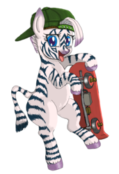 Size: 1400x2044 | Tagged: safe, artist:xkaix2501, oc, oc only, oc:zebella, pony, zebra, 2017 community collab, derpibooru community collaboration, backwards ballcap, baseball cap, cap, hat, looking at you, open mouth, simple background, skateboard, solo, tongue out, transparent background