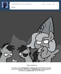 Size: 666x800 | Tagged: safe, artist:egophiliac, princess luna, oc, oc:frolicsome meadowlark, oc:sunshine smiles (egophiliac), bat pony, pony, moonstuck, g4, cartographer's thinking cap, eyepatch, filly, grayscale, monochrome, woona, woonoggles, younger