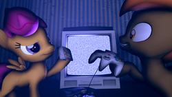 Size: 3840x2160 | Tagged: safe, button mash, scootaloo, earth pony, pegasus, pony, g4, 3d, colt, controller, duo, duo male and female, eyebrows, female, filly, foal, grin, high res, male, nintendo 64, perfect dark, raised eyebrow, scootaloo will show us games to play, scootamash, smiling, source filmmaker, static, television, that pony sure does love computer games