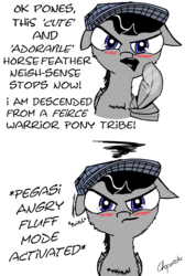 Size: 1212x1801 | Tagged: safe, artist:chopsticks, oc, oc only, oc:chopsticks, pegasus, pony, against glass, angry, blatant lies, blue eyes, blushing, catchlights, clothes, cute, dialogue, ear flick, floppy ears, fluffy, fourth wall, glass, hat, horse puns, i'm not cute, madorable, misspelling, pointing at you, ponysona, pun, solo, text